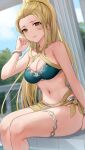  1girl blonde_hair breasts fire_emblem fire_emblem_engage hair_slicked_back haru_(nakajou-28) high_ponytail highres jade_(fire_emblem) long_hair looking_at_viewer medium_breasts midriff navel official_alternate_costume smile swimsuit yellow_eyes 