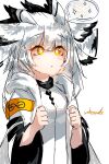  +_+ 1girl absurdres animal_ears arknights blunt_bangs blush clenched_hands coat commentary_request dress excited feather_hair flapping grey_coat grey_hair hands_up highres jacket korean_commentary long_hair open_clothes orange_eyes owl_ears owl_girl ptilopsis_(arknights) rhine_lab_logo ribiadan simple_background sketch solo speech_bubble upper_body white_background white_dress white_hair 