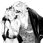  1boy 1girl and_rira arm_around_neck breasts closed_eyes couple cowboy_shot crystal earrings eyepatch greyscale hands_on_another&#039;s_arm haori hetero husband_and_wife imminent_kiss japanese_clothes jewelry kimetsu_no_yaiba kimono large_breasts leaning_on_person long_sleeves looking_at_another makio_(kimetsu_no_yaiba) monochrome multicolored_hair obi one_eye_closed one_eye_covered pectorals sash short_hair sleeveless sleeveless_kimono smile two-tone_hair uzui_tengen 
