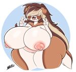  anthro bangs beauty_mark big_breasts breasts brown_body brown_fur camel_toe canid canine canis dewy-eyedboy domestic_dog female floppy_ears fur hair_over_eyes happy huge_breasts hyper hyper_breasts kazukio mammal molosser mountain_dog nina_(character) nipples peace_signs saint_bernard smile solo standing thick_thighs wide_hips 