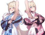  2girls :t animal_ear_fluff animal_ears arm_behind_head arm_up armpits blonde_hair blue_eyes breasts closed_mouth dog_ears dog_tail floral_print fuwawa_abyssgard fuwawa_abyssgard_(new_year) hololive hololive_english japanese_clothes kimono kinoko_(shikimylove) large_breasts long_hair long_sleeves medium_hair mococo_abyssgard mococo_abyssgard_(new_year) multicolored_hair multiple_girls open_mouth pink_eyes presenting_armpit print_kimono sideboob simple_background streaked_hair tail v-shaped_eyebrows virtual_youtuber white_background 