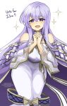  1girl bare_shoulders cape circlet dress english_text fire_emblem fire_emblem:_genealogy_of_the_holy_war julia_(fire_emblem) long_hair open_mouth own_hands_clasped own_hands_together purple_cape purple_eyes purple_hair sash simple_background solo wide_sleeves yukia_(firstaid0) 