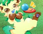 3_fingers 3_toes ball black_nose blue_mouth blue_tongue blush brown_eyes cute_fangs eeveelution feet feral fingers fur generation_4_pokemon grass hi_res leaf leafeon lef_(996cobalt) looking_at_viewer lying male nintendo on_back pawpads paws plant pokemon pokemon_(species) simple_background solo tan_body tan_fur teeth toes tongue toy unknown_artist