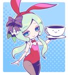  1girl animal_ears blue_eyes blush_stickers bow bowtie character_request copyright_request cup detached_collar doll_joints fake_animal_ears flat_chest green_hair hair_bow hairband holding holding_cup joints leotard no_pupils nollety pantyhose rabbit_ears red_leotard smile solo 