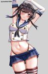  1girl absurdres arms_up ass_visible_through_thighs black_hair black_headband black_neckerchief black_panties blue_sailor_collar blue_skirt breasts cosplay crop_top elbow_gloves gloves grey_eyes hachimaki hair_flaps hatsuzuki_(kancolle) headband highleg highleg_panties highres kantai_collection looking_at_viewer microskirt midriff mizuki_(uzuki_no_sato) navel neckerchief panties pleated_skirt sailor_collar shimakaze_(kancolle) shimakaze_(kancolle)_(cosplay) short_hair skirt small_breasts solo striped_clothes striped_thighhighs thighhighs thong underwear white_gloves 