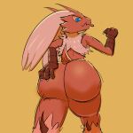  1:1 2021 ambiguous_gender anthro avian big_butt blaziken blue_eyes butt butt_focus colored_sketch digital_media_(artwork) fur gesture guide_lines hair hand_on_butt huge_butt looking_at_viewer looking_back nineka nintendo nude playful pointing pointing_at_self pok&eacute;mon pok&eacute;mon_(species) portrait presenting presenting_hindquarters red_body red_fur simple_background sketch smile solo standing talons thick_thighs three-quarter_portrait tongue tongue_out video_games wide_hips yellow_background 