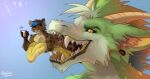 anthro beverage black_sclera blue_eyes blue_hair bodily_fluids bovid brown_body brown_fur brown_hair caprine closed_smile dragon duo facial_spots famir_(artist) famir_(character) fangs felid fur furred_dragon glistening glistening_eyes goat green_body green_fur green_hair hair hi_res holding_beverage holding_object horn hybrid in_mouth inner_ear_fluff lying male mammal mouth_closed multicolored_hair nude on_front on_tongue open_mouth pupils saliva saliva_on_tongue saliva_string size_difference slit_pupils smile spotted_arms spotted_back spotted_face spotted_legs tan_body tan_fur teeth tongue tongue_out tuft white_body white_fur white_hair yellow_eyes yellow_horn yellow_inner_ear yellow_inner_ear_fluff