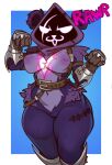 absurd_res anthro areola armor bear blue_background breasts empty_eyes epic_games eye_scar facial_scar featureless_crotch female fortnite fur hi_res hip_tuft inverted_nipples linkz_artz looking_at_viewer mammal navel nipples obscured_face purple_areola purple_body purple_fur purple_hood purple_nipples raven_team_leader scar simple_background solo text thick_thighs tuft white_background white_eyes wide_hips