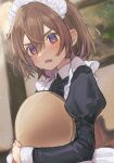  1girl blurry blurry_background blush brown_hair collared_dress dress fang frown highres holding holding_tray juliet_sleeves light_particles long_sleeves looking_at_viewer maid maid_headdress naname_(7name) open_mouth original puffy_sleeves purple_eyes short_hair skin_fang solo sweat thick_eyebrows tray upper_body 