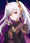  1girl breasts cleavage closed_mouth dark_persona fire fire_emblem fire_emblem_awakening fire_emblem_heroes grima_(fire_emblem) highres labebebe_lee long_hair long_sleeves looking_at_viewer official_alternate_costume purple_fire red_eyes robin_(female)_(fell_tactician)_(fire_emblem) robin_(female)_(fire_emblem) robin_(fire_emblem) smile solo tiara twintails upper_body white_hair 