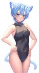  1girl absurdres animal_ears aoi_zerii blue_hair bodystocking breasts cat_ears cat_girl cat_tail collarbone covered_collarbone covered_navel hand_on_own_hip highres hololive hoshimachi_suisei kemonomimi_mode looking_at_viewer medium_breasts purple_eyes short_hair sideboob simple_background solo tail virtual_youtuber white_background 