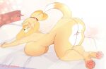  2020 animal_crossing anthro bed bent_over big_breasts big_butt breasts butt canid canine canis curvy_figure dialogue domestic_dog english_text eyes_closed fay_feline feet female fur furniture genitals hair huge_breasts huge_thighs isabelle_(animal_crossing) light lying lying_on_bed mammal nintendo on_bed on_front pawpads paws pillow pussy rear_view shih_tzu solo stretching sunlight text thick_thighs toy_dog video_games wide_hips yellow_body yellow_fur 