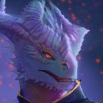 1:1 2023 ambiguous_gender anthro blue_body blue_clothing blue_scales blue_topwear clothed clothing corin_(raysparks) dated dragon famir_(artist) headshot_portrait hi_res horn open_mouth portrait pupils purple_body purple_scales red_eyes red_tongue ridged_horn scales scalie sharp_teeth signature simple_background slit_pupils solo teeth tongue topwear