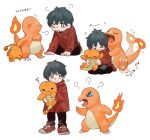  &gt;_&lt; 1boy :t afterimage angry black_hair black_pants blue_eyes character_doll charmander child closed_eyes closed_mouth comforting crying eye_contact flame-tipped_tail giving highres holding holding_stuffed_toy hug hug_from_behind jacket kicking kneeling long_sleeves looking_at_another multiple_views newo_(shinra-p) outstretched_arm pants pokemon pokemon_(creature) puff_of_air pulling reaching red_eyes red_footwear red_jacket scolding shoes short_hair shy simple_background sitting smug sneakers standing stuffed_toy tail tail_wagging tearing_up white_background 