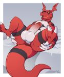 anthro anus balls bandai_namco bed bedroom_eyes big_balls big_penis cowpies digimon digimon_(species) furniture genitals guilmon hands_on_legs hands_on_thighs hi_res licking licking_lips lying male narrowed_eyes on_back on_bed penis seductive solo spread_legs spreading tail thick_tail tongue tongue_out