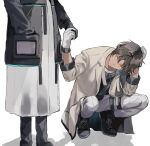  1boy 1other absurdres arknights black_footwear black_gloves black_jacket black_pants black_shirt brown_coat brown_hair coat commentary_request dark-skinned_male dark_skin doctor_(arknights) full_body gloves hand_in_pocket hand_on_own_head highres hishoti_cheese holding_hands jacket long_sleeves looking_at_another lower_body orange_eyes pants shadow shirt short_hair simple_background squatting thorns_(arknights) undershirt white_background white_gloves white_pants white_shirt 