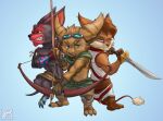 3_toes 4_fingers anthro arrow_(weapon) blue_eyes bone bone_necklace brown_body brown_fur clothing eye_patch eyewear eyewear_on_head feet fennephilim_fox fingers fur goggles goggles_on_head green_eyes group hi_res jewelry katana league_of_legends male melee_weapon necklace orange_body orange_fur pose ranged_weapon riot_games sword toes trio weapon yellow_sclera yordle