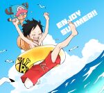  2boys arms_up bird black_hair blank_eyes blue_sky closed_eyes cloud day full_body hat hat_on_back highres inflatable_toy jumping male_focus monkey_d._luffy multiple_boys nervous_sweating ocean one_piece outdoors pokesumomo red_swim_trunks scar scar_on_cheek scar_on_face seagull short_hair sky smile straw_hat sweat sweatdrop tony_tony_chopper topless_male 