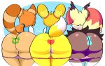  16:10 absurd_res anthro big_butt bodypaint braixen butt canid canine clothing female fox group hi_res huge_butt jhenightfox mammal nintendo panties panties_down pok&eacute;mon pok&eacute;mon_(species) presenting procyonid raccoon raised_tail rear_view take_your_pick thick_thighs underwear underwear_down video_games widescreen 
