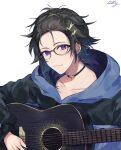  1boy acoustic_guitar alternate_hairstyle bespectacled bishounen black_hair closed_mouth forehead glasses guitar hair_ornament hairclip highres holding holding_instrument holostars hood hood_down instrument jacket kanade_izuru light_smile lightning_bolt lightning_bolt_hair_ornament looking_at_viewer male_focus music official_alternate_costume purple_eyes riri_zuran signature simple_background solo white_background 