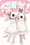  2girls :d absurdres animal_ears apron closed_eyes closed_mouth daikokuten_(fate) dark-skinned_female dark_skin dress facing_viewer fate/grand_order fate_(series) food full_body grey_dress grey_socks hairband half-closed_eyes high_heels highres holding holding_plate lolita_hairband long_sleeves looking_at_viewer mouse_ears mouse_girl mouse_tail multiple_girls onigiri plate ponta_(nagazubon) red_eyes simple_background smile socks speech_bubble tail teeth translation_request upper_teeth_only white_apron white_background white_footwear 