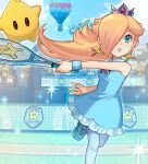  1girl aqua_dress blonde_hair blue_eyes blue_toad_(mario) crown dress earrings frilled_dress frills goomba hair_over_one_eye hammer_brothers highres jewelry long_hair luma_(mario) mario_(series) mario_tennis official_alternate_costume pantyhose penguin_(mario) racket rosalina sasaki_sakiko short_dress shy_guy sleeveless sleeveless_dress spike_(mario) star_(symbol) star_earrings sweatband tennis_racket tennis_rosalina toad_(mario) white_pantyhose wristband 