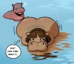 absurd_res after_transformation alternate_species ambiguous_gender atlus big_butt brown_hair butt common_hippopotamus duo female female_focus feral front_view hair hhhyyyiii hi_res hippopotamid huge_butt makoto_niijima mammal megami_tensei megami_tensei_persona partially_submerged question_mark red_eyes sega solo_focus thought_bubble water wide_hips