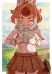  1girl abs animal_ears bare_shoulders blush bow breasts brown_hair clothes_lift dhole_(kemono_friends) dog_ears dog_girl dog_tail extra_ears gloves highres kedama_(ughugjydthjdf) kemono_friends kemono_friends_3 lifted_by_self looking_at_viewer medium_breasts midriff multicolored_hair muscular muscular_female navel open_mouth outdoors shirt shirt_lift short_hair skirt sleeveless smile solo tail two-tone_hair white_hair 