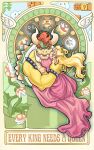  blonde_hair bowser bracelet crown dress highres hug jewelry kiss kissing_cheek mario_(series) phantomdame princess_peach red_hair sharp_teeth size_difference spiked_bracelet spikes teeth 