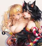  2girls absurdres animal_ears areola_slip bare_shoulders barrier_mao biting black_hair black_sleeves blonde_hair blue_eyes breasts chinese_commentary cleavage commentary_request detached_sleeves ear_biting elf hair_ornament highres holding holding_phone horse_ears horse_girl kitasan_black_(umamusume) kouhaku_nawa large_breasts looking_at_another looking_at_viewer multicolored_hair multiple_girls open_mouth orange_shirt original phone pointy_ears red_eyes rope saliva shimenawa shirt short_hair simple_background spoken_object streaked_hair two_side_up umamusume upper_body white_background white_hair wide_sleeves x_hair_ornament yuri 
