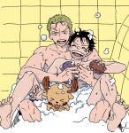  3boys bath bathing bathroom bathtub black_eyes black_hair blush bubble_bath convenient_censoring earrings full_body green_hair happy implied_yaoi jewelry male_focus monkey_d._luffy multiple_boys neshogatsu_co one_piece roronoa_zoro same-sex_bathing scar scar_on_cheek scar_on_face shared_bathing short_hair sideburns single_earring smile soap_bubbles soap_censor tony_tony_chopper washing washing_another 