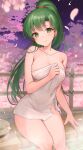  breasts cherry_blossoms cleavage collarbone fire_emblem green_eyes green_hair haru_(nakajou-28) heart heart-shaped_pupils highres long_hair looking_at_viewer lyn_(fire_emblem) medium_breasts naked_towel night night_sky onsen ponytail sitting sky smile symbol-shaped_pupils towel 