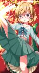  1girl :o antlers blonde_hair blue_bow blue_shirt bow collarbone commentary_request dragon_girl dragon_horns dragon_tail glasses green_skirt highres horns kicchou_yachie long_skirt midriff_peek pleated_skirt red-framed_eyewear ruu_(tksymkw) shirt skirt solo square_neckline tail touhou yellow_eyes yellow_horns 
