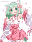  1girl :d absurdres adapted_uniform animal_ear_fluff animal_ears armpits artist_name cat_ears cat_girl cat_tail cherry_blossoms clenched_hand cowboy_shot detached_sleeves dot_nose fang floral_print flower green_eyes green_hair green_nails hair_flower hair_ornament hairclip hands_up hazakura_hinata highres japanese_clothes looking_at_viewer medium_hair miko nail_polish open_mouth original paw_pose pink_skirt polka_dot ribbon-trimmed_sleeves ribbon_trim simple_background skin_fang skirt smile solo tail thighhighs variant_set white_background white_thighhighs wide_sleeves 