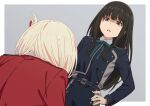  2girls absurdres asada7101 black_hair blonde_hair blue_coat border coat commentary_request dutch_angle green_ribbon grey_background hand_on_own_hip highres inoue_takina jacket long_hair looking_at_another lycoris_recoil lycoris_uniform medium_hair multiple_girls neck_ribbon nishikigi_chisato parted_lips purple_eyes red_jacket ribbon scolding simple_background sweatdrop white_border 