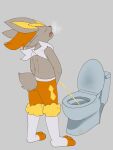  3:4 absurd_res anthro bathroom bodily_fluids cinderace digital_media_(artwork) eyes_closed fan_character fur genital_fluids hi_res lagomorph male mammal nintendo open_mouth peeing peeing_into_toilet pok&eacute;mon pok&eacute;mon_(species) raveneevee rear_view sighing simple_background solo standing toilet urine video_games 