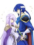  1boy 1girl bare_shoulders blue_cape blue_eyes blue_hair brother_and_sister cape circlet dress fire_emblem fire_emblem:_genealogy_of_the_holy_war headband julia_(fire_emblem) long_hair ponytail purple_cape purple_eyes purple_hair sash seliph_(fire_emblem) siblings simple_background tyrfing_(fire_emblem) white_headband wide_sleeves yukia_(firstaid0) 