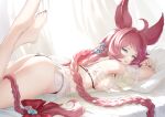  1girl aiu_eo animal_ears ass barefoot bed bed_sheet bikini blue_eyes braid breasts commentary_request curtains erune esser eyebrows_visible_through_hair granblue_fantasy hair_ornament long_hair looking_at_viewer lying on_bed on_stomach pillow red_hair solo swimsuit twin_braids 