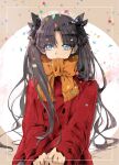  1girl black_bow black_hair blue_eyes bow buttons coat commentary_request confetti fate/stay_night fate_(series) hair_bow highres long_sleeves looking_at_viewer orange_scarf parted_lips red_coat scarf scarf_bow simple_background solo sui_(suimiiin9) tohsaka_rin twitter_username two_side_up upper_body 