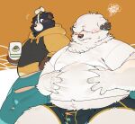  2021 absurd_res anthro belly black_body black_fur blush bodily_fluids bulge canid canine canis clothing domestic_dog duo fur hi_res hoodie humanoid_hands kemono male mammal overweight overweight_male quanjiang sweat topwear underwear white_body white_fur 