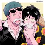  10nemuiyo 2boys absurdres arm_around_shoulder black_eyes black_hair black_suit eyewear_on_head fake_beard fake_facial_hair fake_mustache floral_print green_hair hat hat_on_back highres looking_at_viewer male_focus monkey_d._luffy multiple_boys one_eye_closed one_piece open_clothes pectoral_cleavage pectorals print_shirt roronoa_zoro scar scar_across_eye scar_on_cheek scar_on_chest scar_on_face shirt short_hair side-by-side sideburns simple_background straw_hat suit sunflower_print sunglasses upper_body yellow_background 