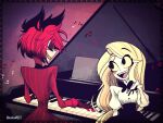  1boy 1girl alastor_(hazbin_hotel) alternate_costume black_eyes black_hair blonde_hair charlie_morningstar closed_eyes commentary_request formal grin hand_on_own_chest hazbin_hotel highres instrument long_hair multicolored_hair music playing_instrument playing_piano red_hair sharp_teeth short_hair singing sitting smile teeth yu_tang 