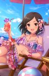  1girl ball beachball bikini black_hair blue_sky blush bob_cut cloud drink flower frilled_bikini frills game_cg grey_eyes highres idolmaster idolmaster_cinderella_girls idolmaster_cinderella_girls_starlight_stage jewelry necklace non-web_source official_art saejima_kiyomi sky solo summer swimsuit unworn_eyewear 