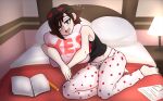  1girl bare_shoulders barefoot black_hair blanket book breasts gradient_hair grey_eyes highres hugging_object kinathefox midriff multicolored_hair navel on_bed open_book paper pencil pillow pillow_hug polka_dot polka_dot_legwear red_hair ruby_rose rwby short_hair sleep_mask small_breasts solo tank_top yes-no_pillow 