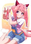  1girl absurdres animal_ears blush casual ear_covers freely2327 hair_intakes haru_urara_(umamusume) highres horse_ears horse_girl horse_tail long_hair looking_at_viewer neck_ribbon overalls pink_hair puffy_short_sleeves puffy_sleeves purple_eyes red_ribbon ribbon short_sleeves sitting smile socks solo star-shaped_pupils star_(symbol) symbol-shaped_pupils tail tying_hair umamusume white_socks 