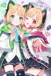  2girls absurdres animal_ear_headphones animal_ears anniversary black_skirt black_thighhighs blonde_hair blue_archive blush bow cat_tail collared_shirt fake_animal_ears green_bow green_eyes green_halo hair_bow halo headphones heart highres long_sleeves looking_at_viewer midori_(blue_archive) mikumiku37 momoi_(blue_archive) multiple_girls one_eye_closed open_mouth pink_halo pleated_skirt red_bow red_eyes shirt short_hair siblings sisters skirt smile tail thighhighs twins white_shirt 