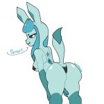1:1 anthro anthrofied big_butt bikini blue_body butt clothing dialogue eeveelution english_text female generation_4_pokemon glaceon grin gyat leaning leaning_forward looking_at_viewer looking_back looking_back_at_viewer narrowed_eyes nintendo pokemon pokemon_(species) pokemorph rear_view simple_background smile solo swimwear talking_to_viewer text white_background