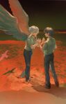  19897629 2boys absurdres angel_wings black_choker black_footwear black_hair black_pants blue_eyes brown_sky choker collared_shirt commentary eye_contact from_above full_body hands_up highres holding_hands horizon ikari_shinji interlocked_fingers lcl looking_at_another male_focus multiple_boys nagisa_kaworu neon_genesis_evangelion outdoors pants red_eyes shadow shirt shirt_tucked_in short_hair simple_bird smile standing wading white_hair white_shirt wings 