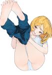  1girl ass barefoot blonde_hair blue_pants clothes_pull collarbone commentary denim eyelashes feet foot_focus hands_up head_tilt highres jeans legs legs_up looking_at_viewer medium_hair open_mouth orange_eyes original panties pants pants_pull sekoshi_(some1else45) shirt short_sleeves simple_background soles solo some1else45 spread_toes symbol-only_commentary teeth thighs toes underwear upper_teeth_only white_background white_panties white_shirt 