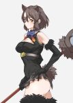  1girl animal_ears bare_shoulders bear_ears bear_girl bear_tail black_fur black_gloves black_shirt blue_bow blue_bowtie blush bow bowtie breasts brown_bear_(kemono_friends) brown_hair brown_skirt brown_thighhighs cleavage_cutout clothing_cutout collared_shirt commentary cosplay cowboy_shot elbow_gloves extra_ears from_side fur_trim gloves grey_background hair_between_eyes highres higumamon_(kemono_friends) higumamon_(kemono_friends)_(cosplay) japari_symbol kemono_friends large_breasts looking_at_viewer orange_eyes paw_stick pleated_skirt red_bow red_bowtie shirt short_hair showgirl_skirt sidelocks simple_background skirt solo tail tanabe_(fueisei) thighhighs white_hair zettai_ryouiki 